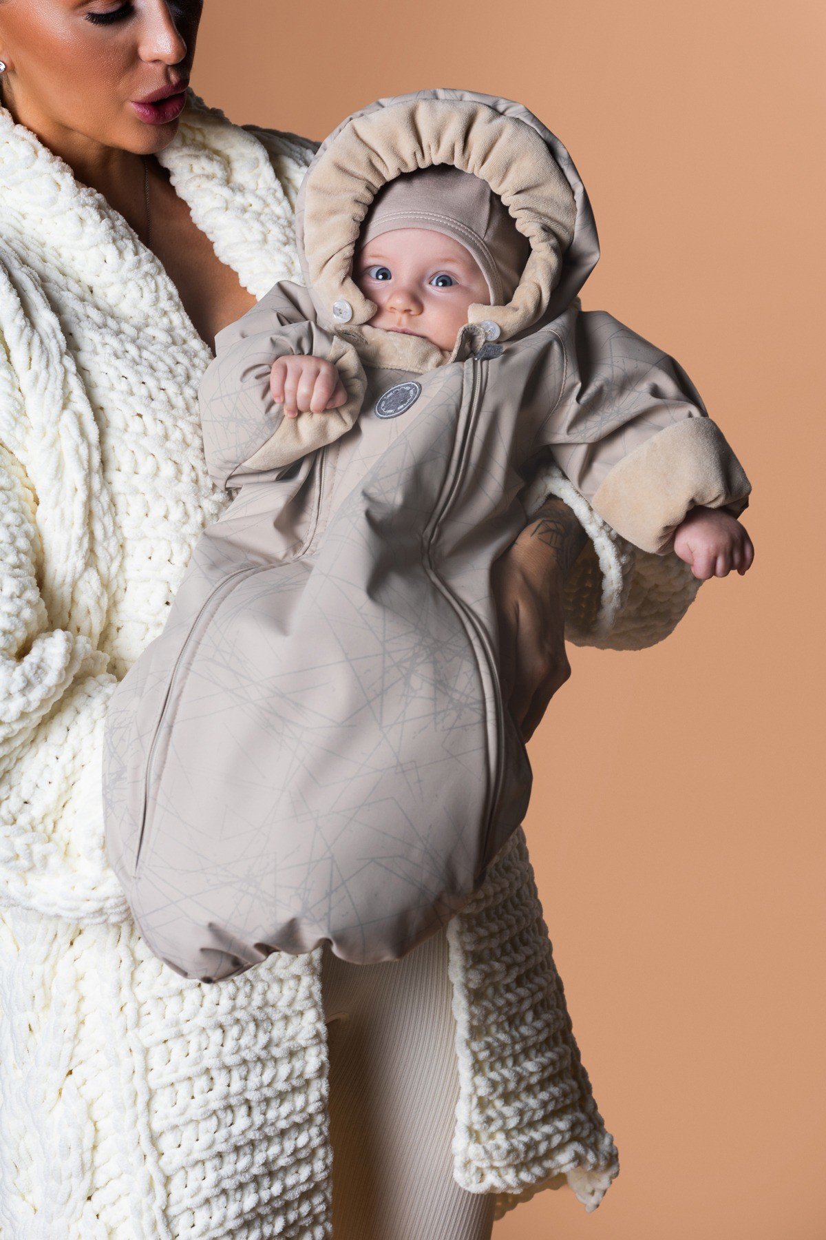 Beige Reflective Merino Wool-Lined Spring/Autumn Bunting Pram Suit - Image 7