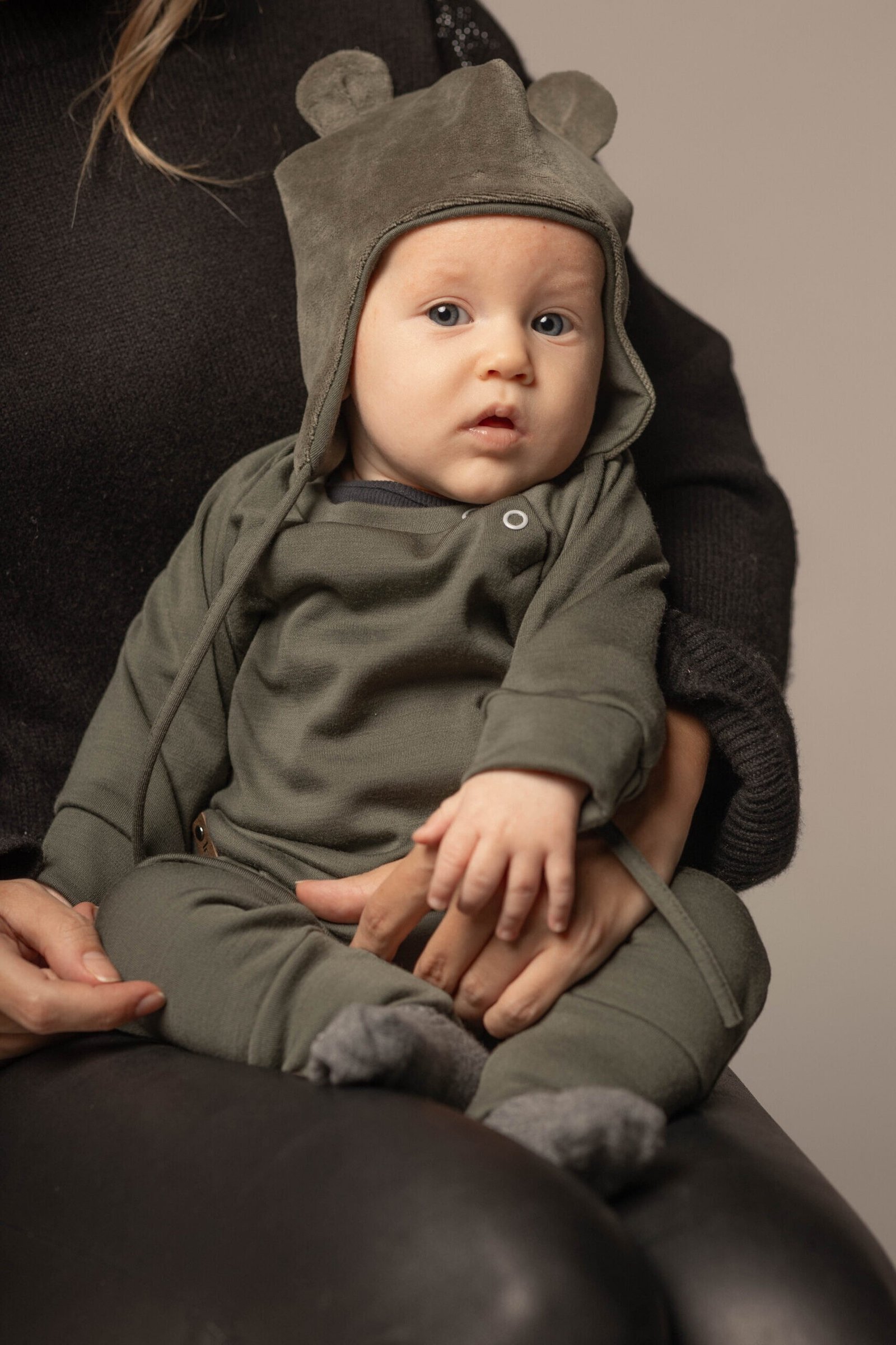 Khaki Green Cotton Velvet Baby Hat with Merino Wool Lining - Image 2